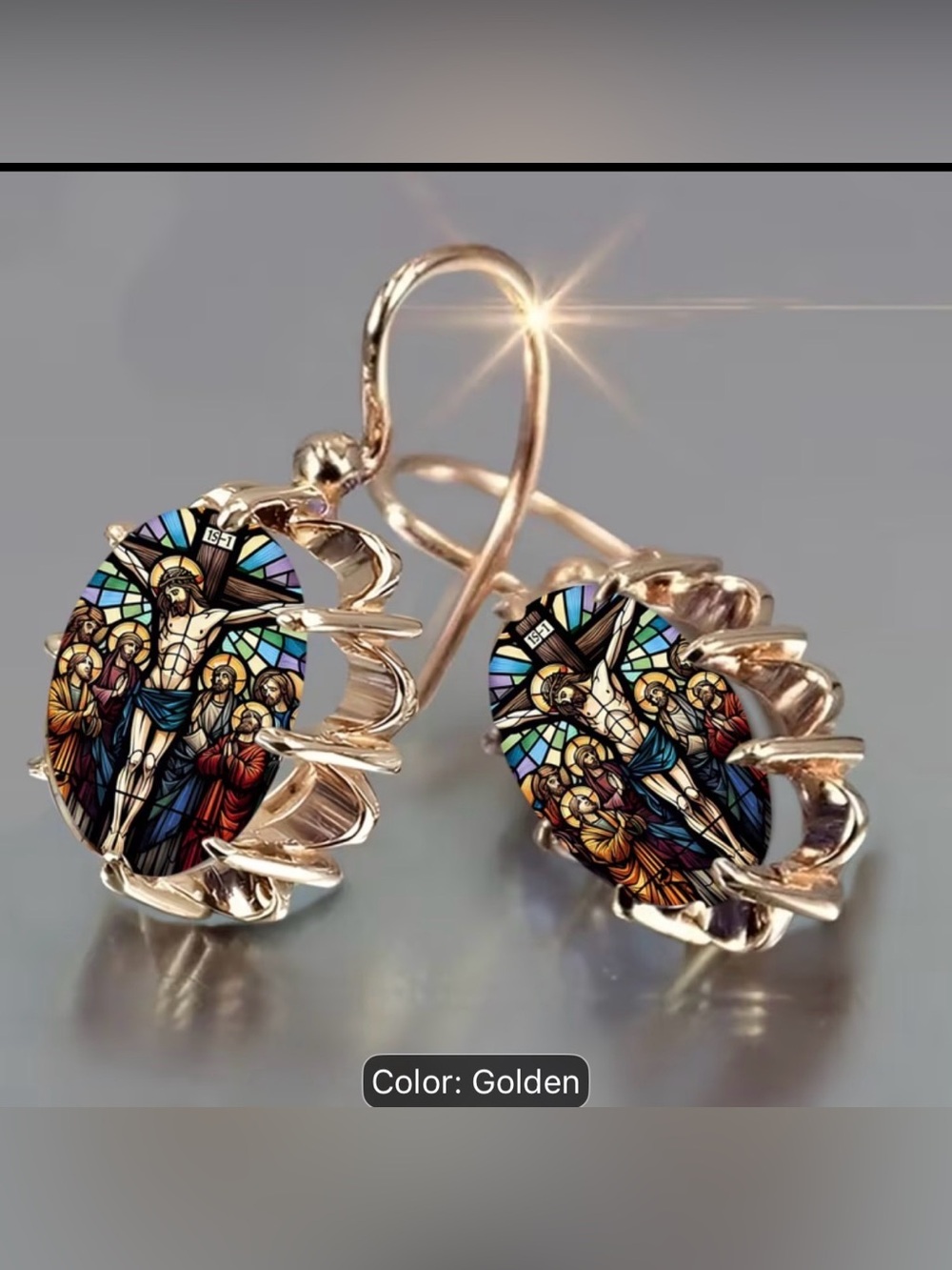Golden Stained-Glass Crucifix Drop Earrings - Women's Jewelry